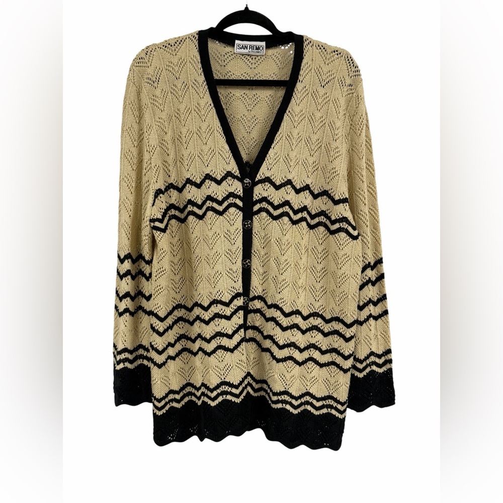 Vintage San Remo black and Cream Women's Cardigan Sweater XL